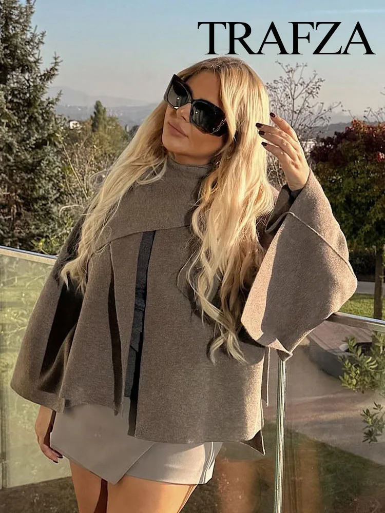 TRAFZA Female Elegant Spliced Cape Collar Woolen Coat Women Chic Long Sleeve Casual Jacket Fall Winter Loose Outerwear 241112