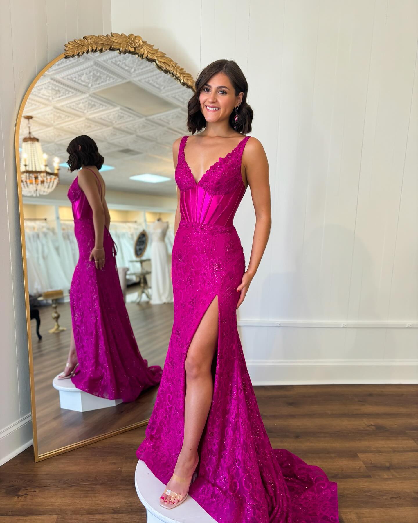 Sexy fuia mermaid prom dress v neck lace evening elegant thigh split backless satin formal dresses for women