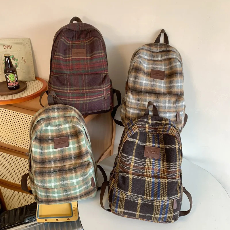 Lattice Vintage Couple Canvas Bag South Korean Harajuku Large Capacity School Backpack Unisex Plaid Ins 241111