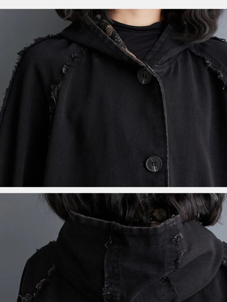 Denim Spring Hooded Midi Coat Womens Flower Printed Patch Work Fashionable Loose Womens Jacket Casual Long Sleeve Womens Trench Coat 241112