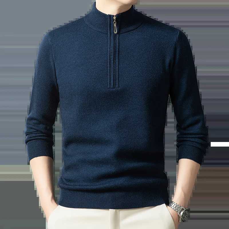 Pure wool sweater for autumn and winter mens standing collar suitable for young and middle-aged people wearing a half turtle neck zipper sweater at th