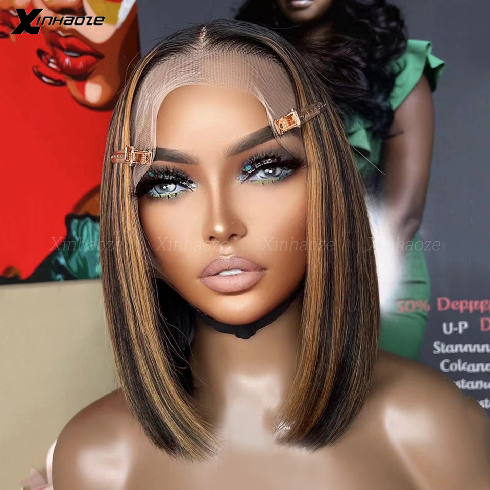 13x6 Bob Wig 4/30 Straight Lace Front Wig Transparent Lace 5x5 Silk Top Wigs Highlight Brown Colored Human Hair Wig 180 Density 5e63c