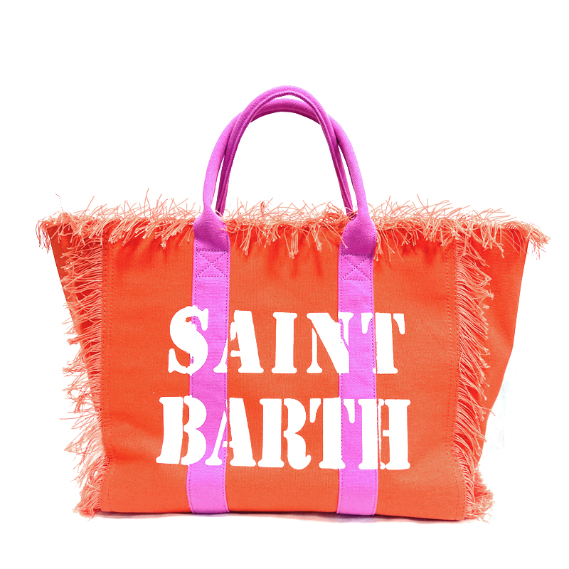 Saint Barth Brand Women Casual Tote Bag Tassel Luxury Canvas Beach Shoulder Bag Large Handbag Orange Solid with Rose Red Handles