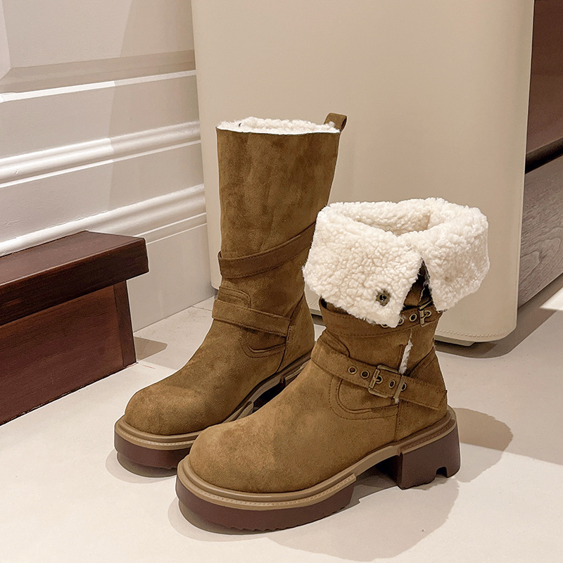 Women's Boots:Fashion Design Sense Retro Thick Sole Martin Boots Winter 2024 New Style,Khaki,Free shipping