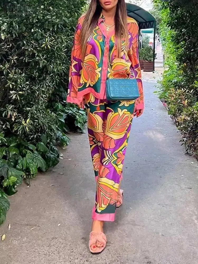 ZANZEA Women Printed Long Sleeve Blouse and Loose Pants Casual Outfits Loose Streetwear Loungewear Oversized Set Tracksuits 240329