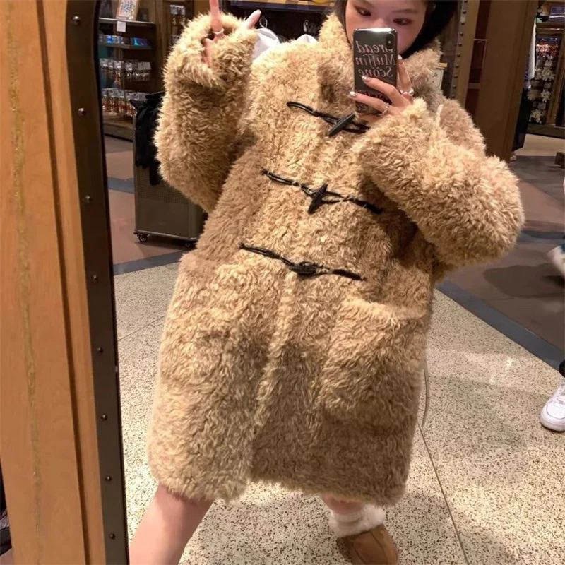 Heygirl Black Brother Teddy Pupu Chao Leather Ring Horn Buckle Warm Loose Cashmere Coat Womens Open Skirt Jacket 241112