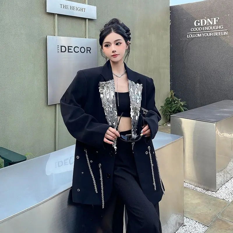 Metal chain heavy industry Suit Jacket for Womens Spring Autumn style Loose Silhouette Shoulder pad patchwork Sequin Blazer 241112