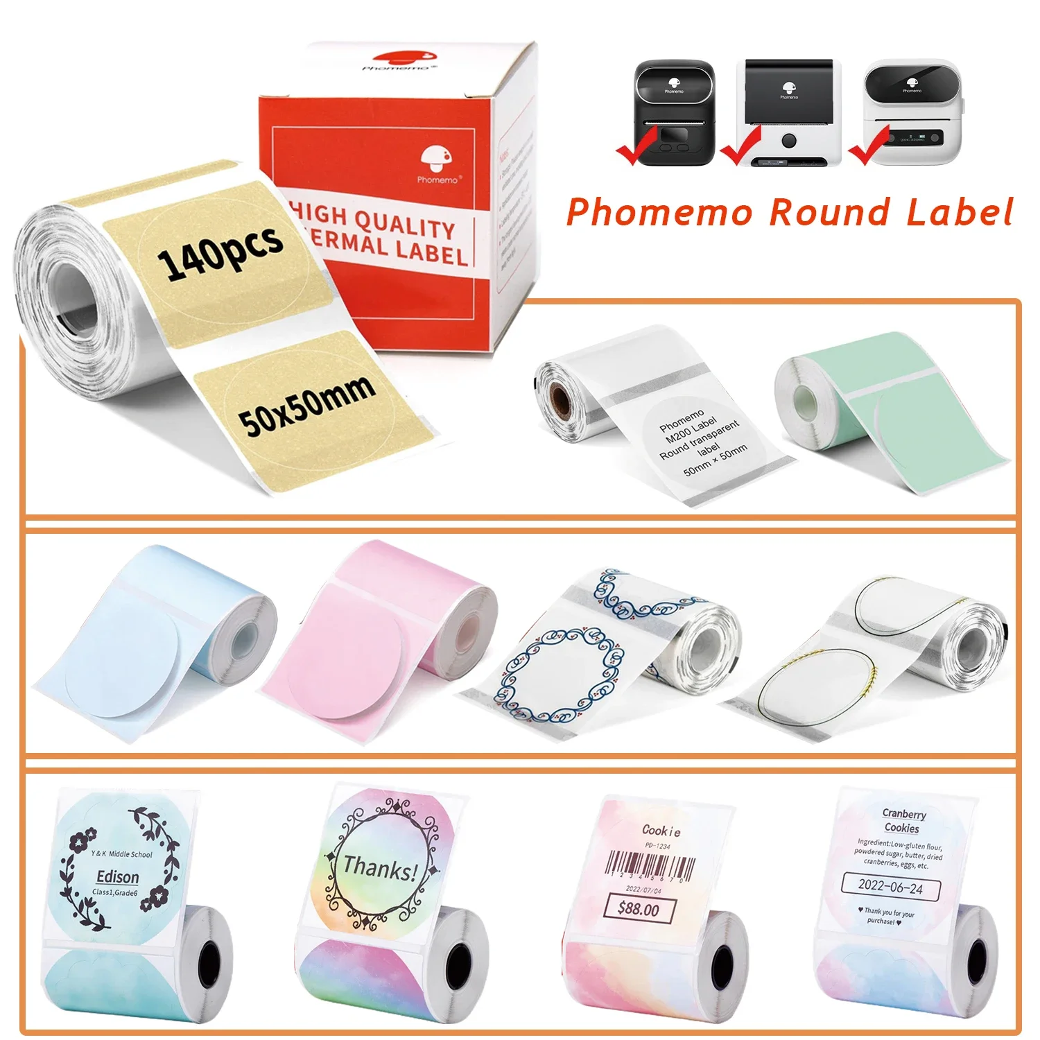 Phomemo Self-Adhesive Round White Transparent Pure Color Label for M110/M220/M200/M120/M221 for DIY Logo Design QR Code Shipping