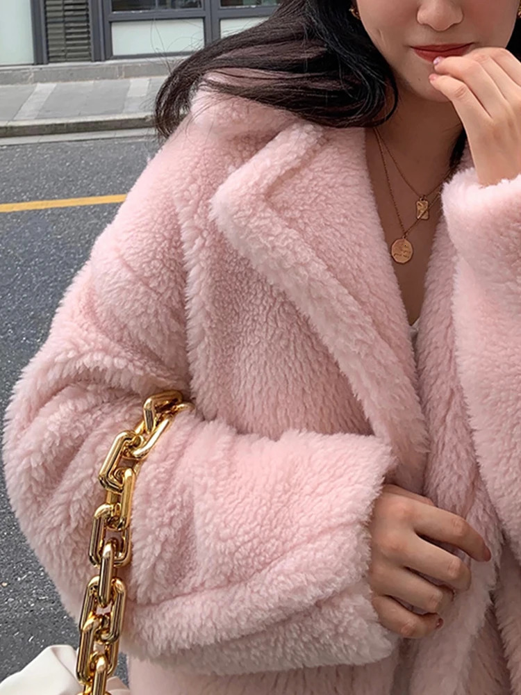 Lautaro Winter Ultra slim Pink Thick Warm Teddy Coat Womens Double Chest Loose Casual Style European Faux Fur Coat 241112