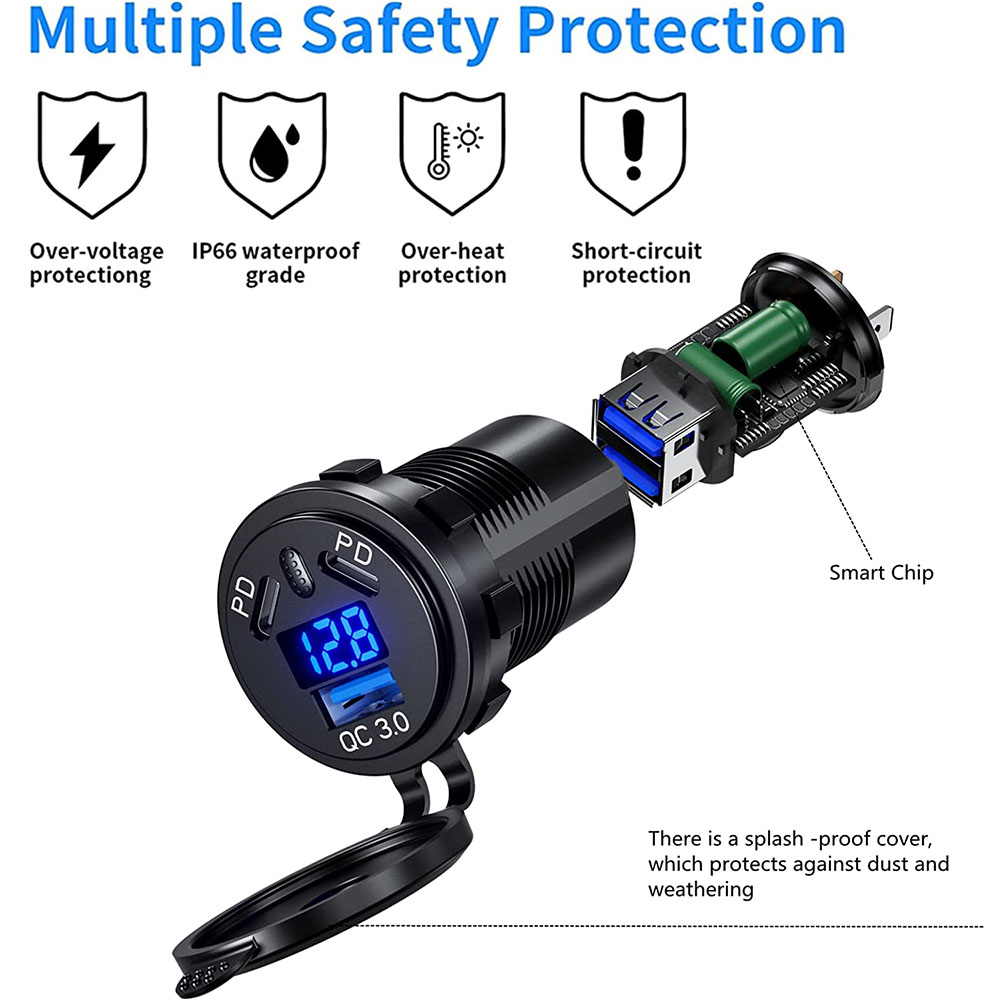 12V/24V USB Outlet 108W 3 Ports Car Charger Socket Dual 45W PD Type C & 18W QC 3.0 Motorcycle Socket Power Outlet Charge Adapter