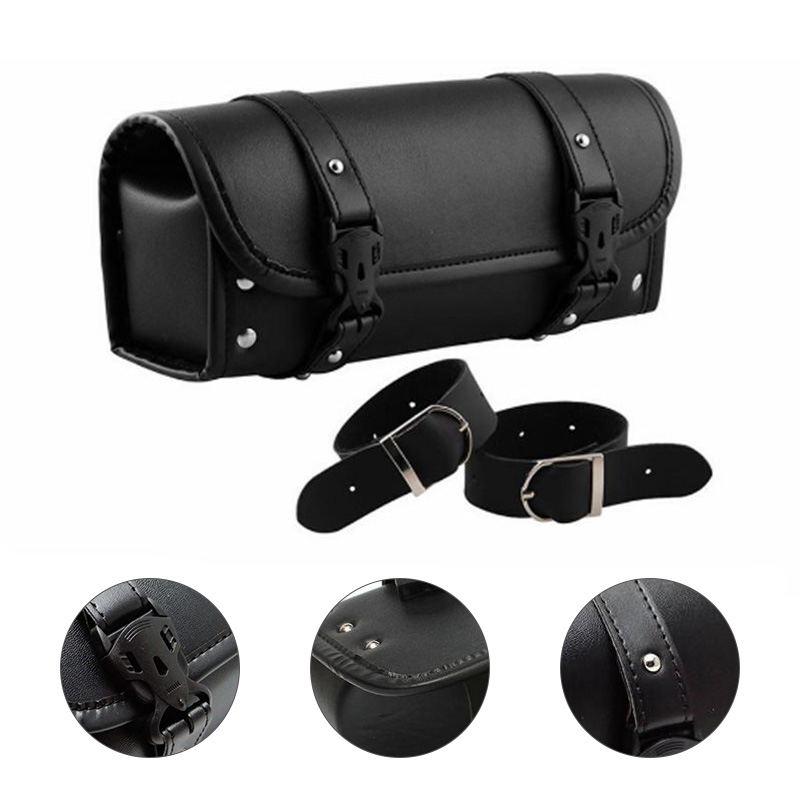 Universal Motorcycle Bag Waterproof Leather Front Fork Handlebar Toolkit Vintage Tool Roll Storage Barrel Cruiser Saddlebag