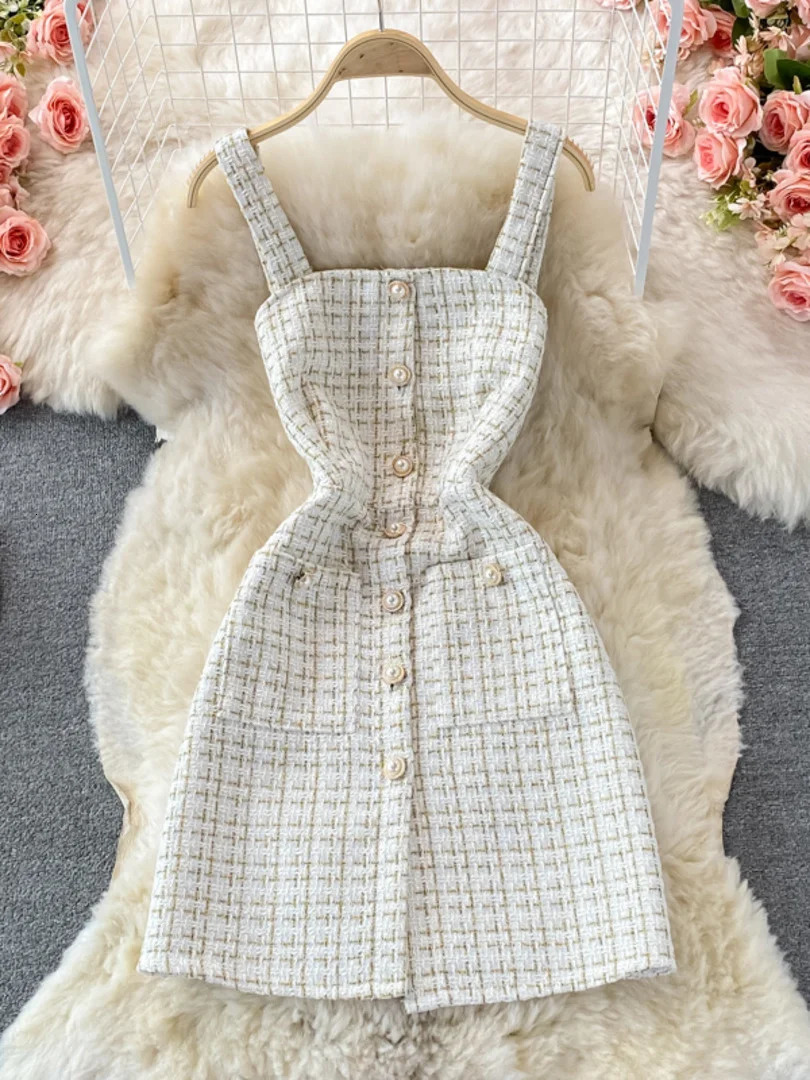 Womens two-piece set Korean fashion bow collar white shirt and spaghetti shoulder strap single chest mini tweed dress set 241112