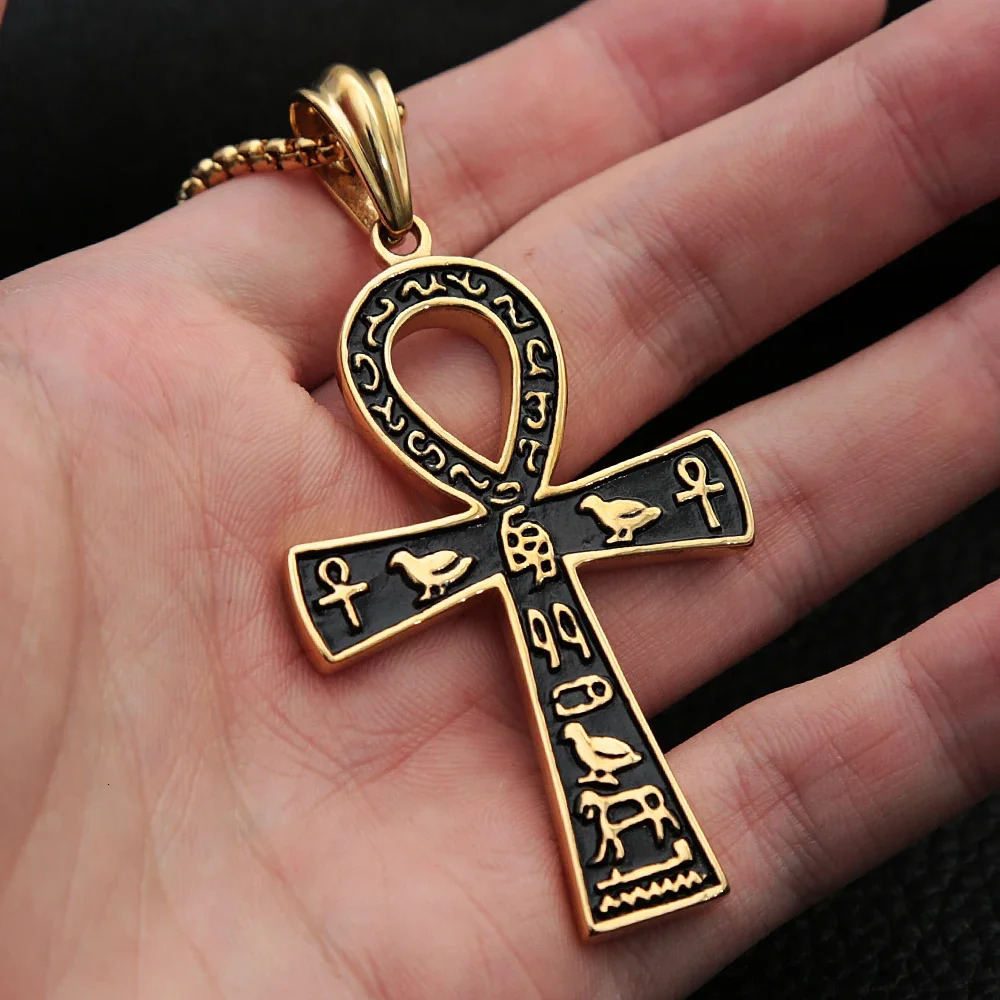 Large Gold/Silver Ancient Egyptian Ankh Cross Pendant Punk Stainless Steel Bicycle Necklace Neutral Talisman Jewelry Gift 241112