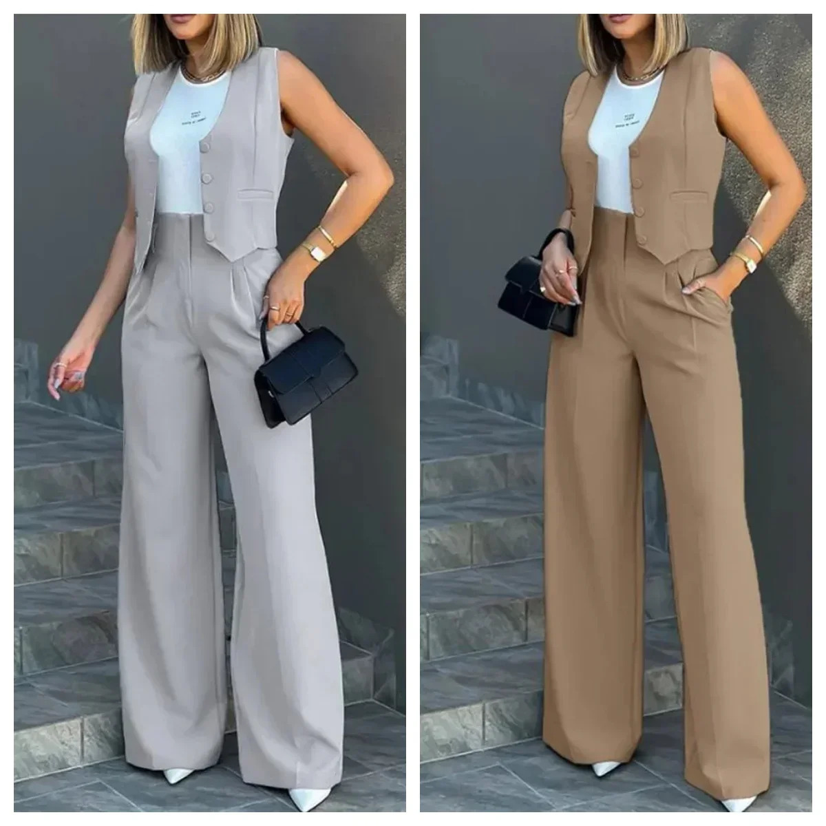 Stylish Women Commuting Vest Tops High Waist Wide Leg Pants 2024 Spring Autumn V Neck Sleeveless Button Regular Work Set 241108