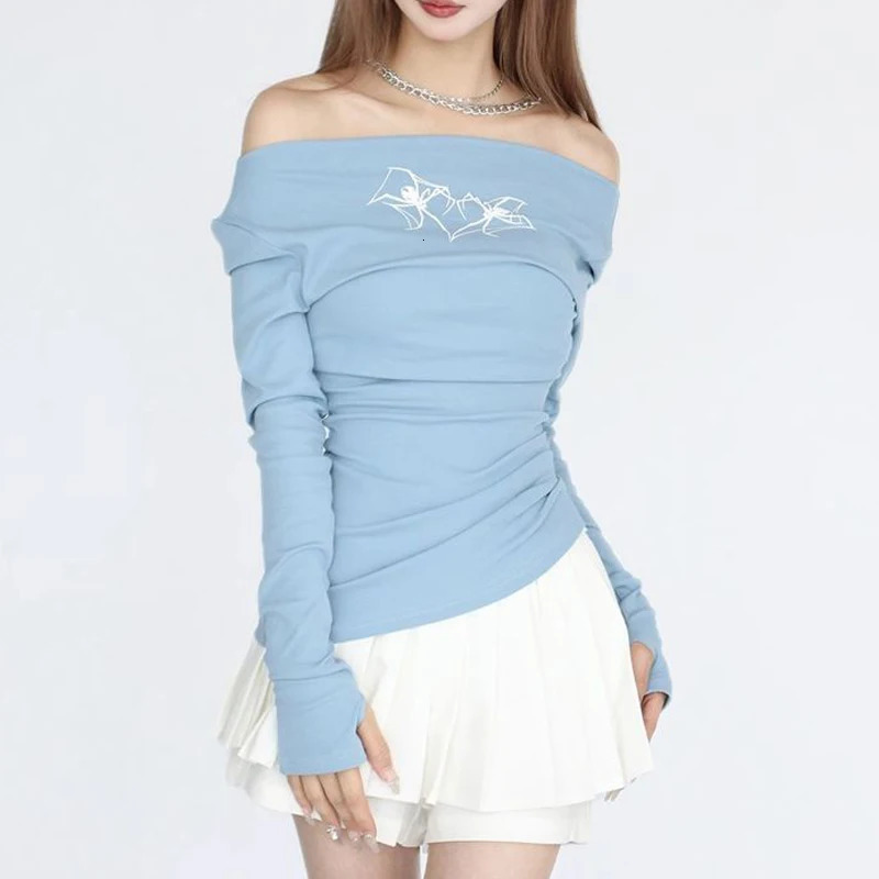 Womens sexy off shoulder printed Japanese style Kawaii Sweet Basic T-shirt Y2K Streetwear Aesthetic long sleeved ultra-thin club fairy top 241112