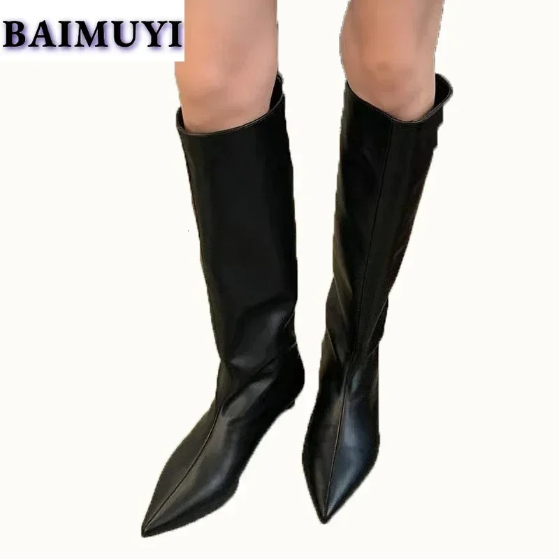 Women Chelsea High Boots Pointed Toe Heels Shoes Winter Snow Woman 2024 Trend Soft Leather Goth Party Slip-on Botas Mujer 241112