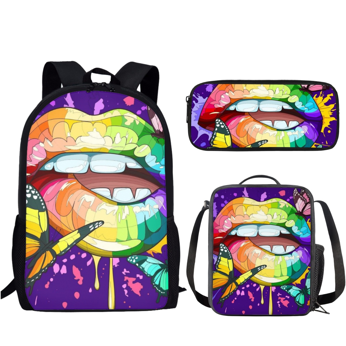 Sexy Lip Design 3Pcs/Set School Bag Causal Backpack for Teenager Girls Boys Student Campus Book Bag with Lunch Bag Pencil Bag 388ea