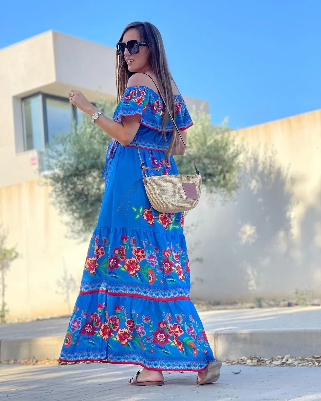 Mexican Traditional Ethnic Cinco De Mayo Summer Floral Print Off Shoulder Women Dress 240412
