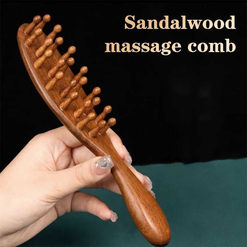 Golden Sandalwood Comb Head Meridian Comb Natural Sandalwood Long Handle Comb Multi functional Insert Teeth Massage Comb 22 Nails W241112