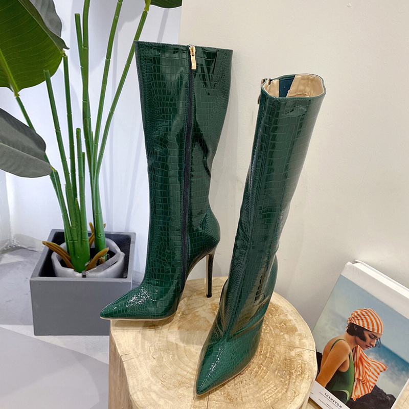 Liyke Black Green Snake Print Leather Women Zip Cool Motorcycle Knee High Boots Sexy Pointed Toe Stripper Heels Long Shoes Femal