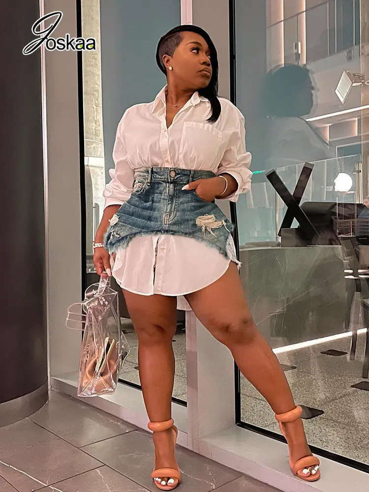 Joskaa solid collar long sleeved single chest shirt dress and irregular denim bodysuit two-piece set for women cute streetwear 241112