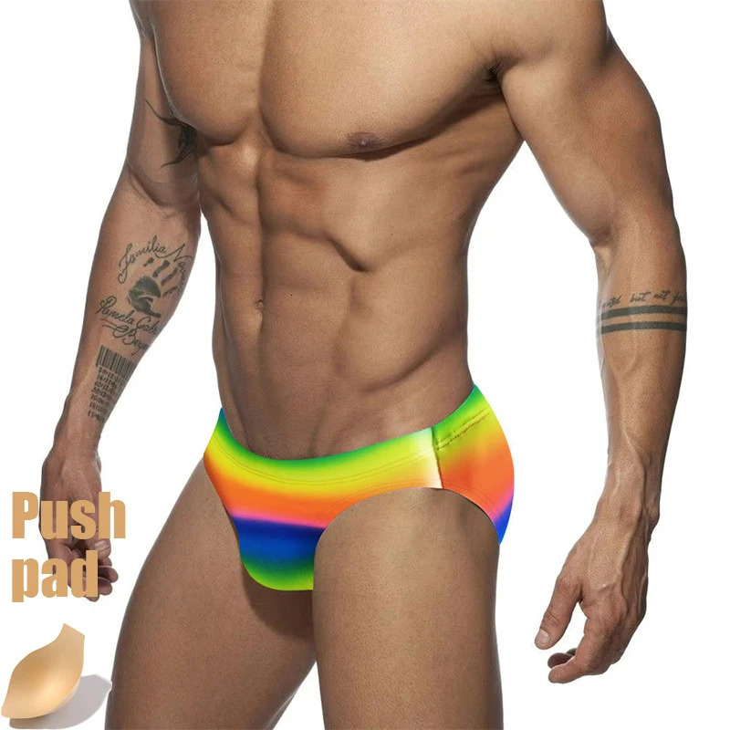 Push Pad Swimsuit Men Sexy Swimwear Swim Briefs Low Waist Bathing Suit Man Print Mens Quick Dry Beachwear Brave Person 240410