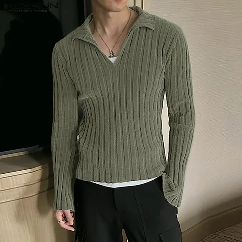 Mens Solid Color V-neck Shining Long Sleeve Street Clothing Mens Clothing Korean Fashion Casual T-shirt Top S-5XL INCERUN 241112