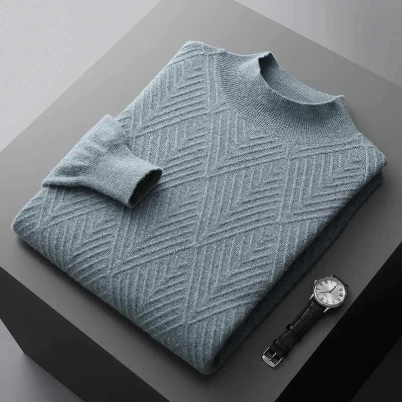 100% pure wool cashmere sweater mens loose half turtle collar jacquard zipper autumn and winter young top W2411111
