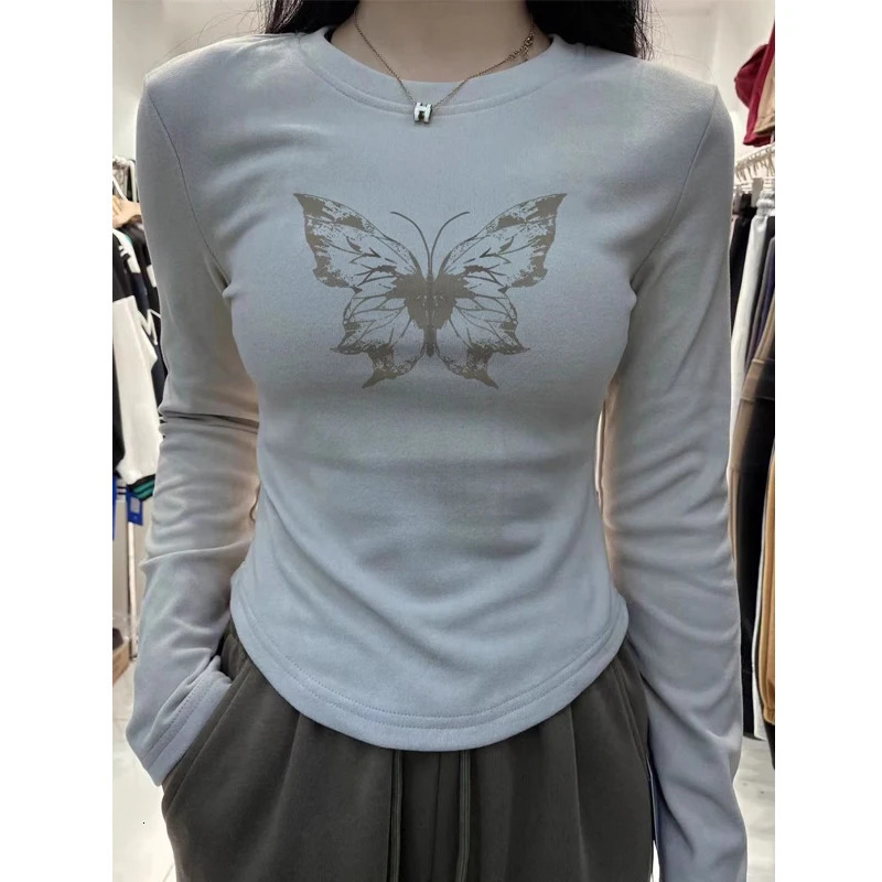 Autumn Winter Womens Fashion Butterfly Printed Thick Tight Sexy Short Top Y2K Womens Casual O-neck Long Sleeve Basic T-shirt 241112