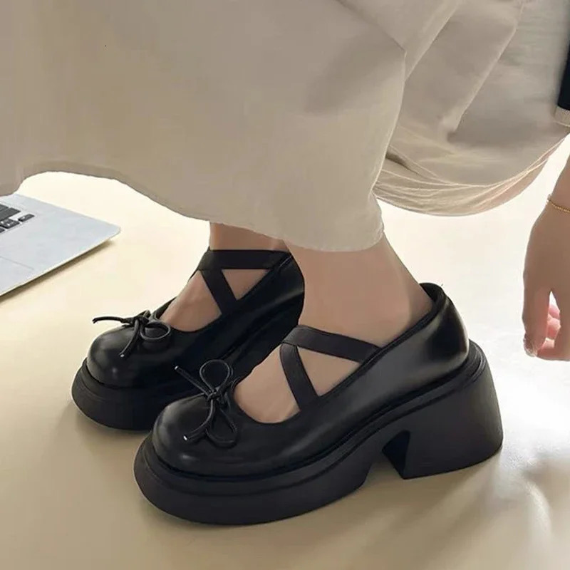Bow Women Platform Marie Jane Shoes Mid Heels Fashion Sandals 2024 Summer Thick Pumps Casual Chunky Women Lolita Shoes 241112