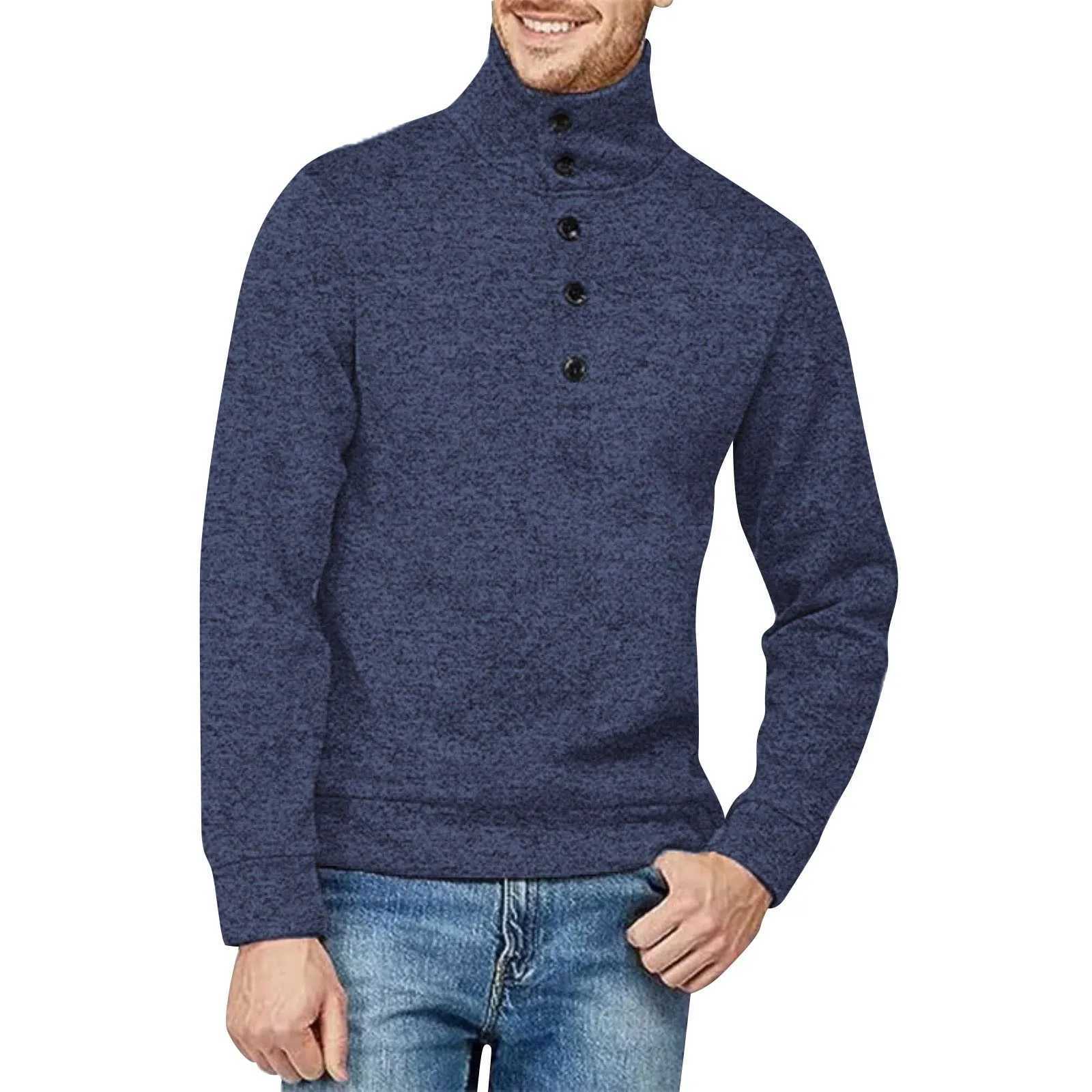 New Lanhua Mens Autumn Top Button Down Turtle Collar Knitted Sweater Long Sleeve Mens Casual T-shirt W2411111