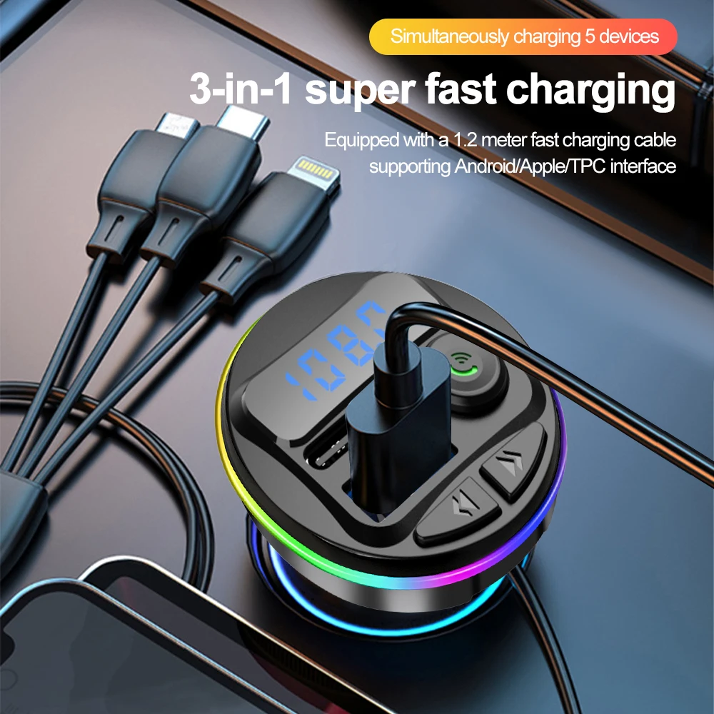 5.0 FM Transmitter Bluetooth Car Kit MP3 Modulator Player Handsfree Audio Receiver With 3 in 1 Charge Cable for IPhone Huawei smile