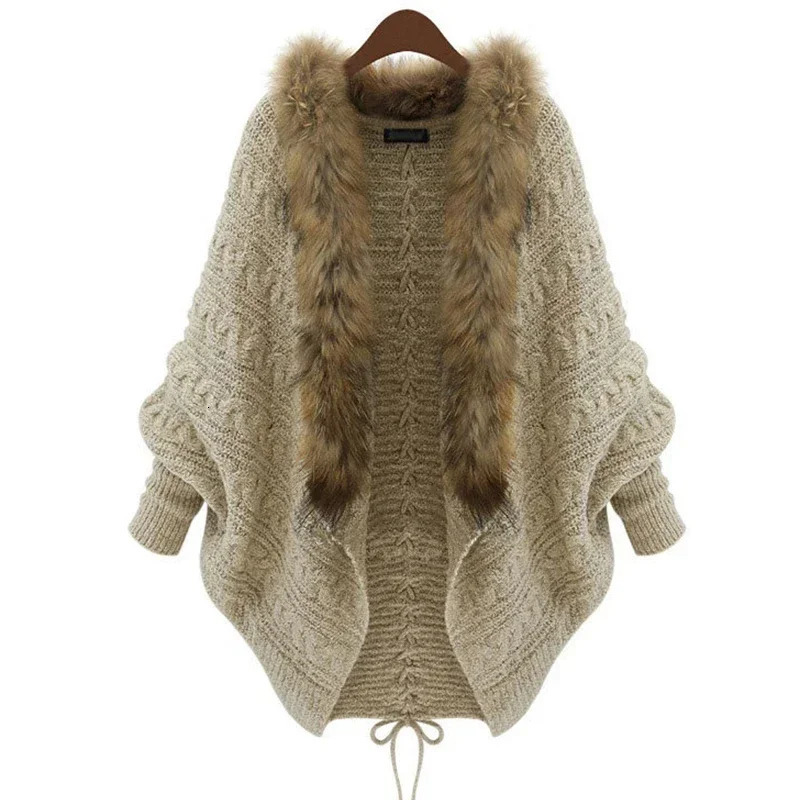 Women Cardigans Sweater Thick Poncho Capes 2024 Autumn Winter Femme knitted Bat Sleeve Fur Collar Knitted Long Cardigan 241108