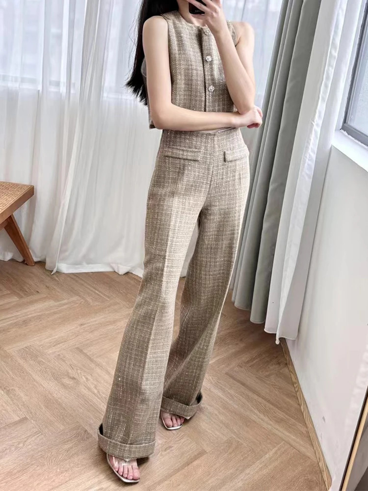High Quality Autumn Fashion Plaid Tweed Set Women Elegant Single-breasted Vest Or Temperament Straight-leg Pants Ladies 241112