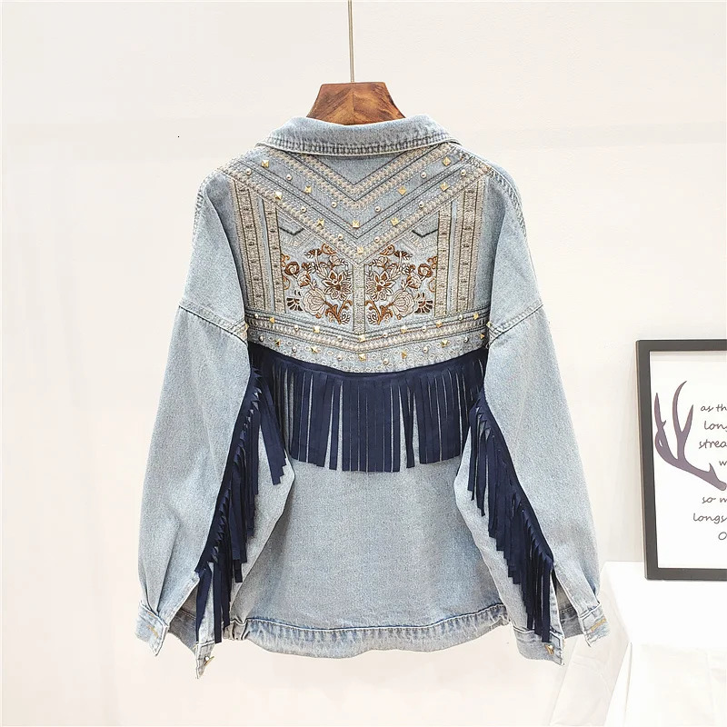 Heavy duty work rivet embroidery tassel denim jacket womens loose short jacket fashionable black blue denim jacket womens streetwear 241112