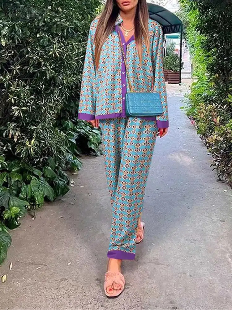 ZANZEA Women Printed Long Sleeve Blouse and Loose Pants Casual Outfits Loose Streetwear Loungewear Oversized Set Tracksuits 240329