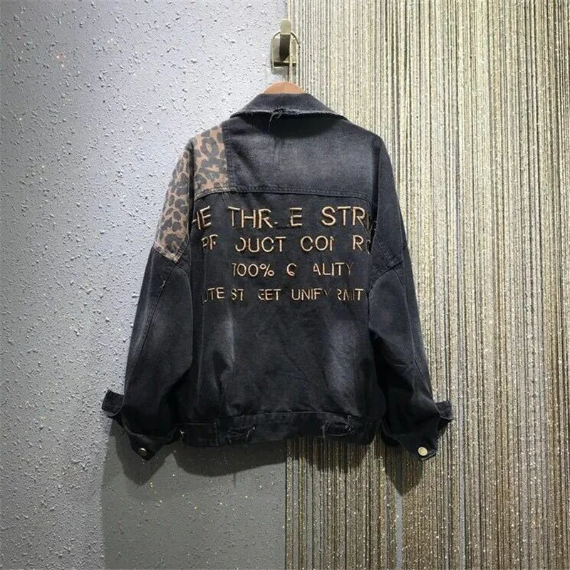 Embracery Leopard Jeans Jacket Womens Short Jacket Distressed Brushed Streetwear Loose Spring and Autumn Jacket Womens Jacket 241112