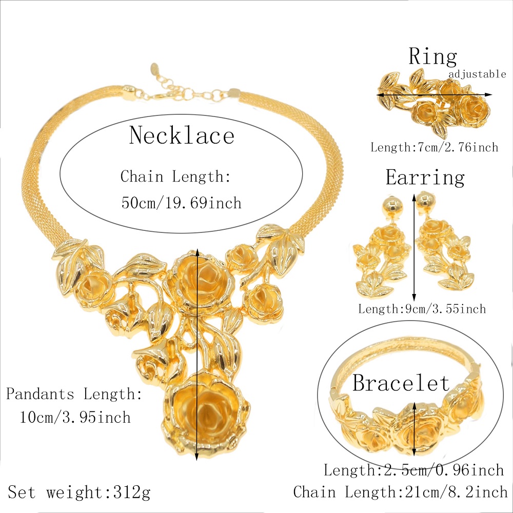 Dubai Gold Plated Women Necklace Jewelry Set Rosebud Pendant Large Ring Earrings Wedding Dinner Party Bijoux SYHOL 41b19 5 30284