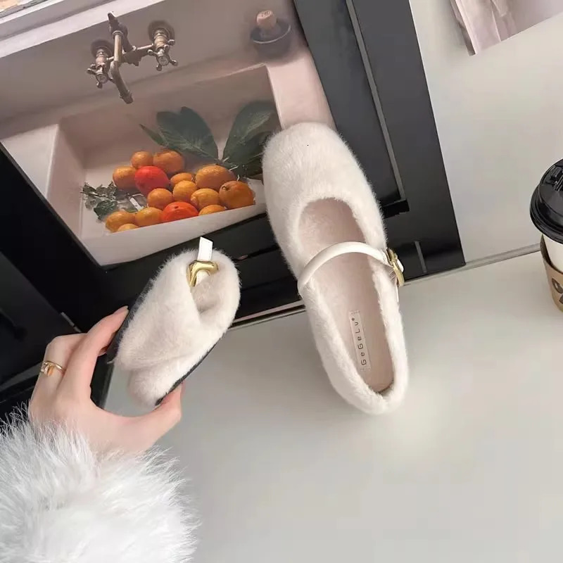 Elegant Buckle Fur Mary Jane Shoes for Women Comfortable Soft Fluffy Ballet Plain Knitted Women Plush Shallow Buckle Comfortable Dress 241111