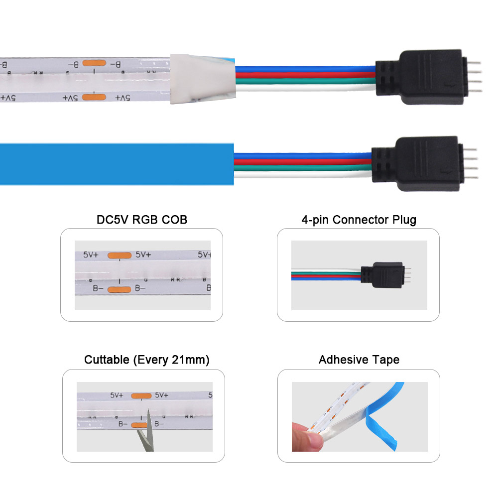 COB DC5V RGB LED Strip Light Bluetooth-compatible Remote Control 576LED/m High Density Linear Lamp Flexible Tape Home Decoration 576/m