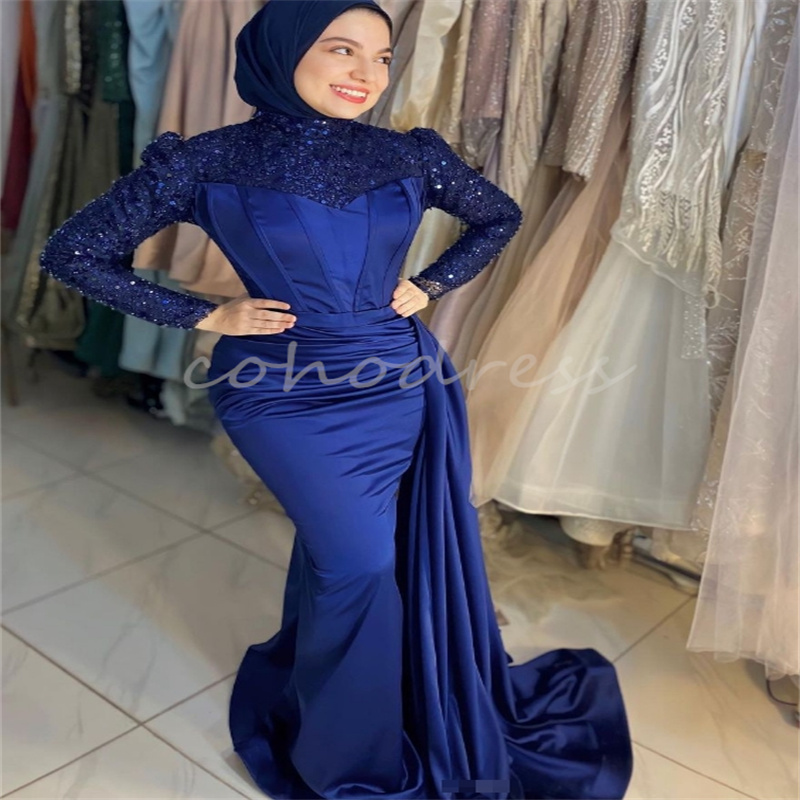 Elegant Blue Turkey Muslim Evening Dresses Gorgeous Mermaid Sequin Prom Dress Long Sleeve Formal Occasion Party Gown Vestio De Fiesta 2025