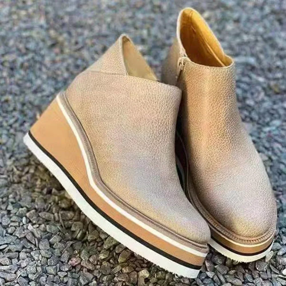 Wedges Women's Boots Retro Female Ankle Boots Trend Round Toe Platform Booties Comfortable Zipper Leather Shoes for Women Heeled