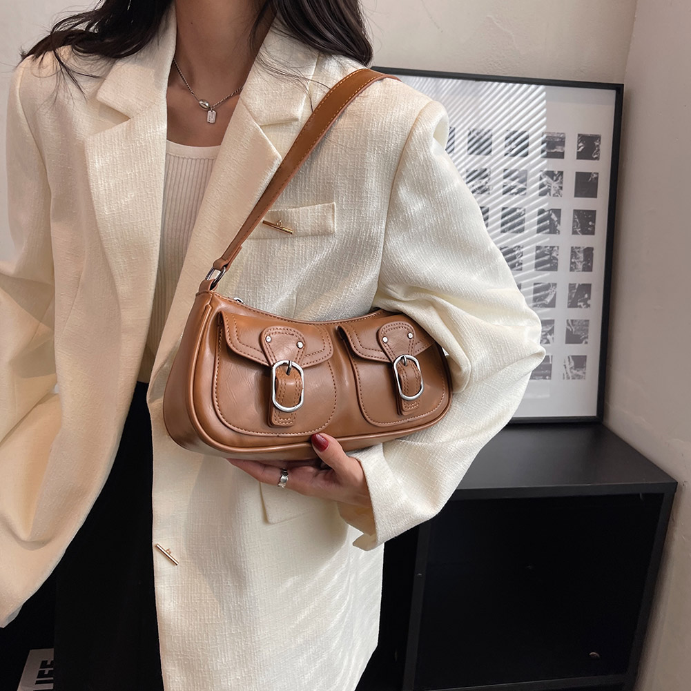 Vintage Korean Casual Double Pockets Shoulder Underarm Tote Bag Ladies Sling Bags Leather Zip Street Wear Purses Handbags Women