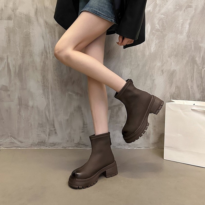Women's Boots:Fashion Versatile Short Boots Martin Boots 2024 New Thick Sole Increase Height Comfort,Black/Brown,Free shipping