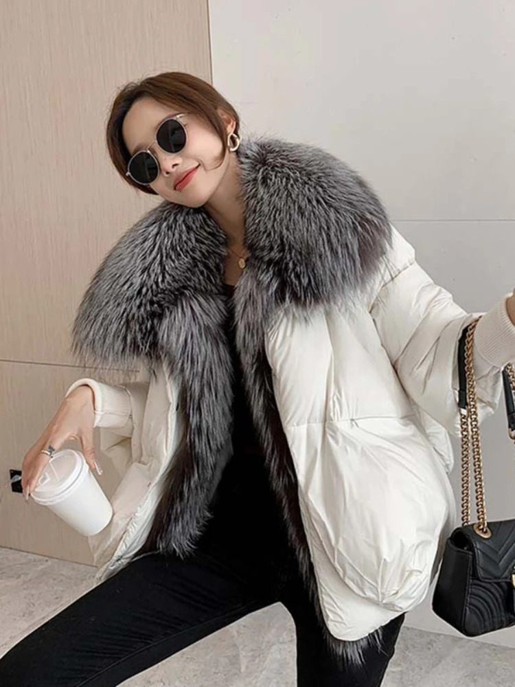 Oversized Winter Warm Real Fox Fur Collar Black Down Coat Women Puffer Outerwear Jackets 2024 Autumn Winter 241112