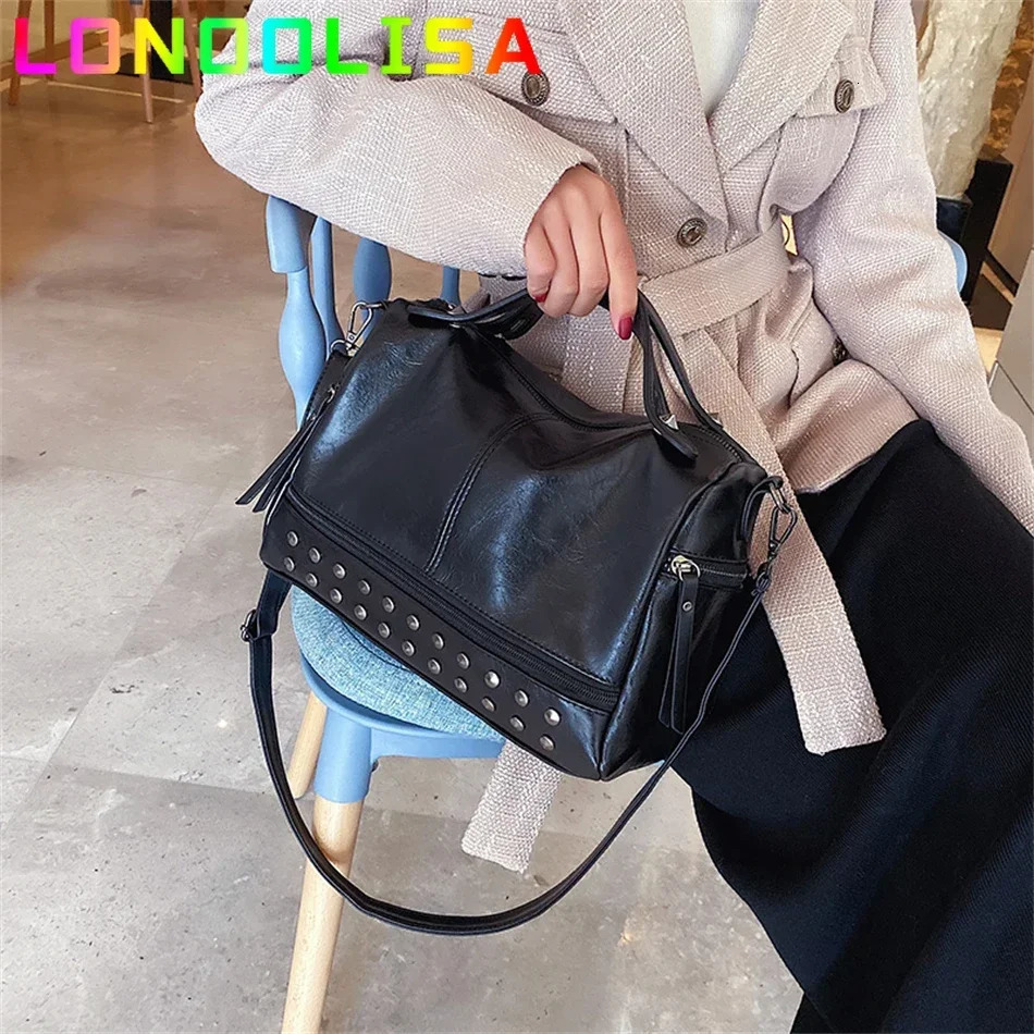 Vintage Female Rivet Shoulder Bag y Handbag Soft PU Leather Crossbody for Women Casual Boston Large Tote Bolsa Feminina 241111