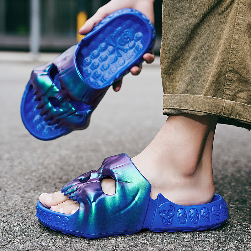 Personalized Skull Design Men Slippers Street Outdoor Beach Sandals Slides Thick Bottom Non-slip Leisure Men Home Slippers 46 47