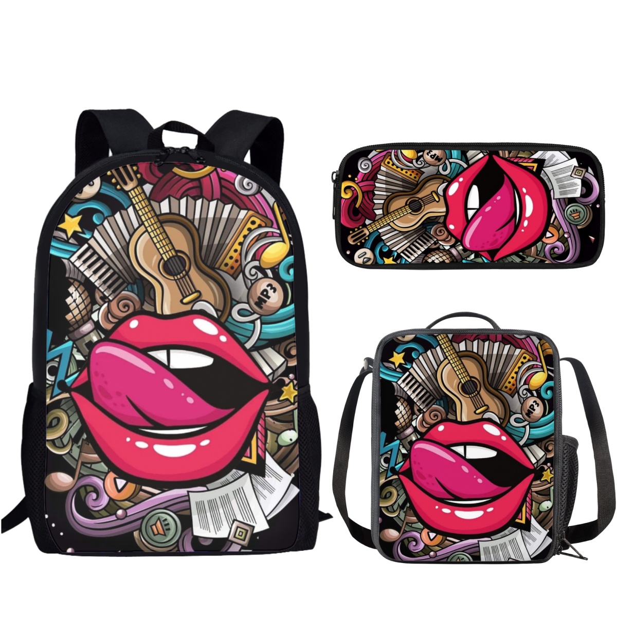 Sexy Lip Design 3Pcs/Set School Bag Causal Backpack for Teenager Girls Boys Student Campus Book Bag with Lunch Bag Pencil Bag 388ea