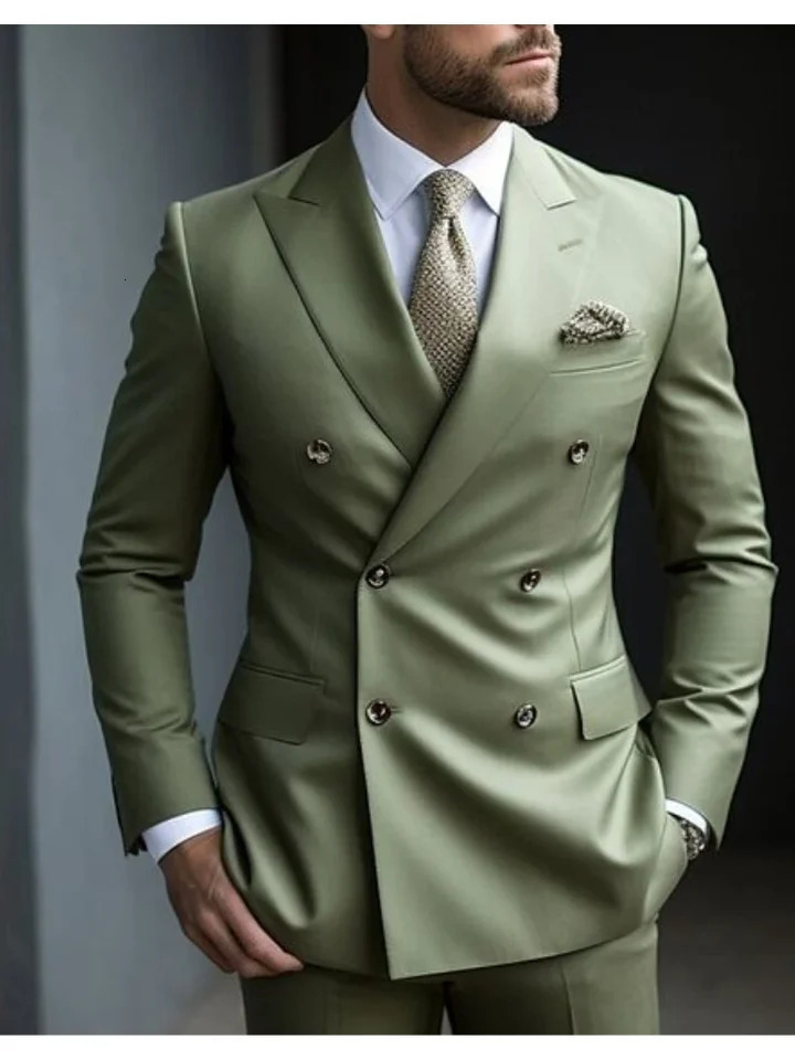 Sage Green Mens Wedding Suits Solid Color 2 Piece Daily Plus Size Double Breasted Six-buttons Formal Business Suits 241111