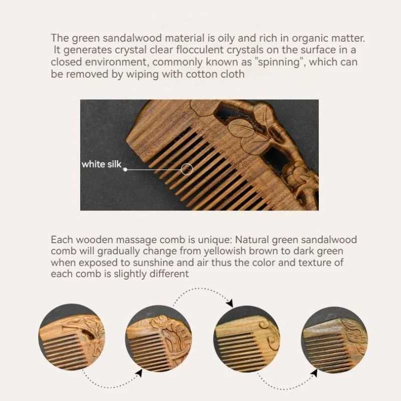 Handmade natural green sandalwood comb portable double-sided carved wooden comb anti-static head massage and hair care tool W241112